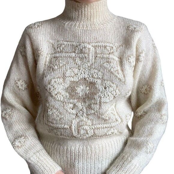 Vintage 80s Ellen Tracy Hand Knit White Mohair Blend Fluffy Turtleneck Sweater - Picture 7 of 10